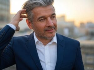 middle age man with hand in hair - organic hair oil and healthy hair