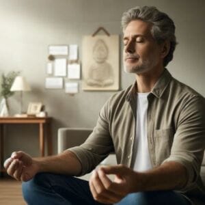Middle age man sitting meditating