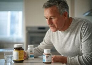 man taking vitamins at table