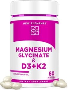 bottle of magnesium, vitamin K2 and vitamin D supplements