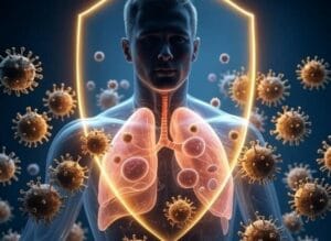 outline of a man with viruses surrounding him with a shield protecting him