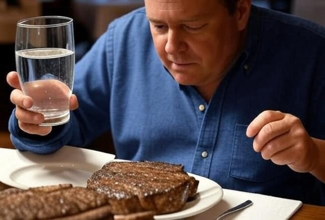 man eating steak