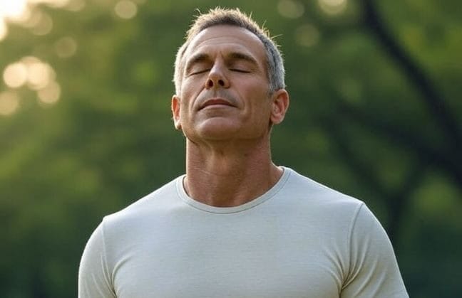healthy, fit man in his 50s standing outdoors with eyes closed and a relaxed expression, breathing calmly through his nose