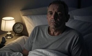 Man awake in bed during the night
