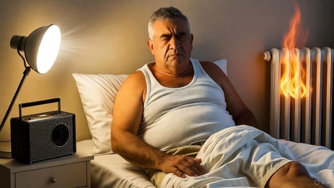 man trying to sleep with too many distractions