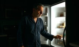 Man looking in fridge late at night