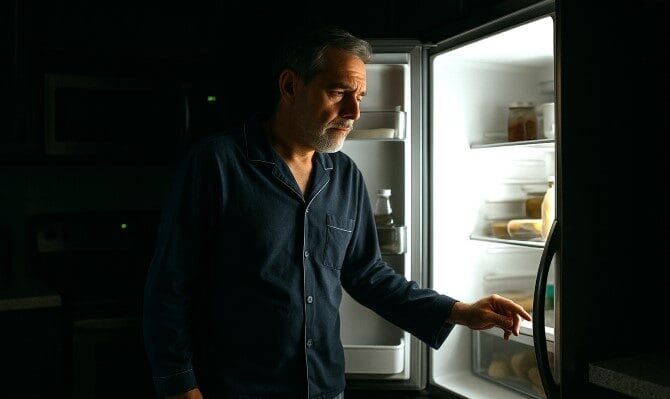 Man looking in fridge late at night