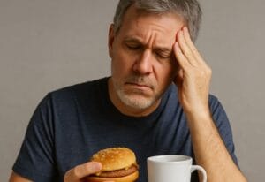 man with headache eating burger and drinking coffee - diet and sleep quality