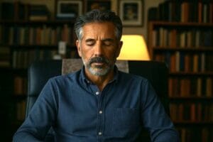 Man sitting in hypnotic trance in an office