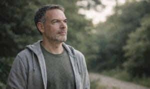 Healthy middle age man outside in hoodie