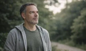 Healthy middle age man outside in hoodie